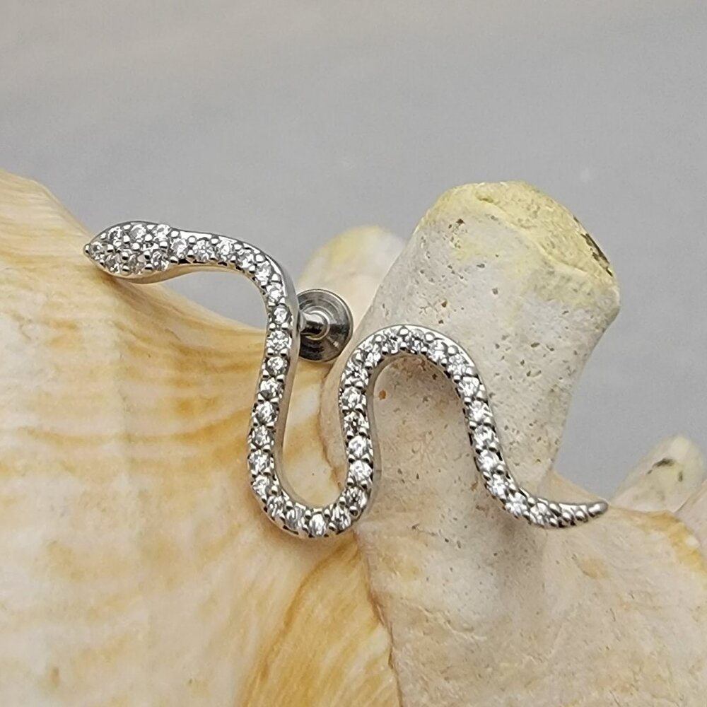 16G Snake labret clear CZ gems stainless cartilage monroe internally threa